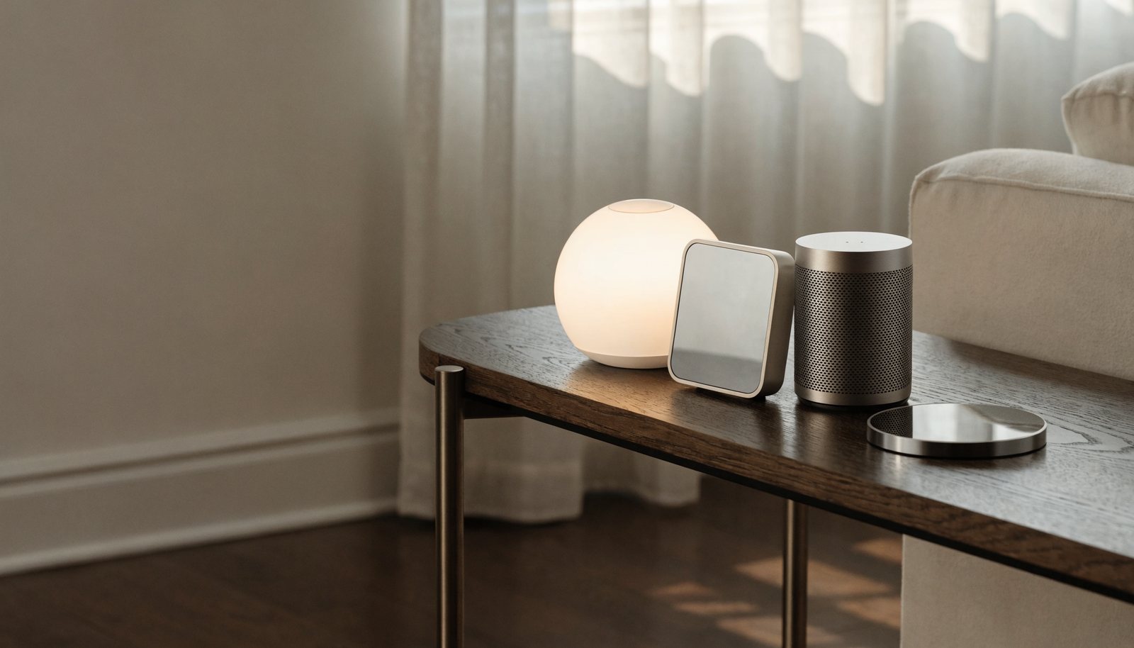 Premium smart-home devices arranged on a console - hub, thermostat, speaker and sensor