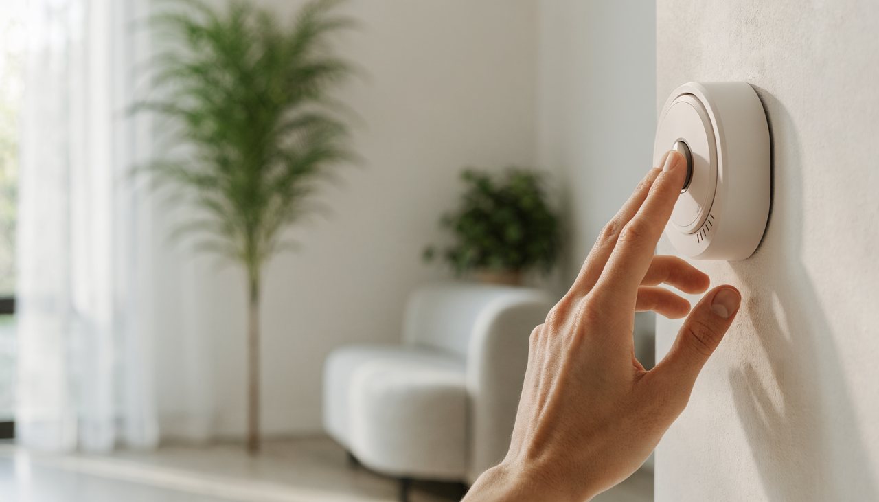 A hand adjusting a smart climate thermostat on the wall of a bright, airy room