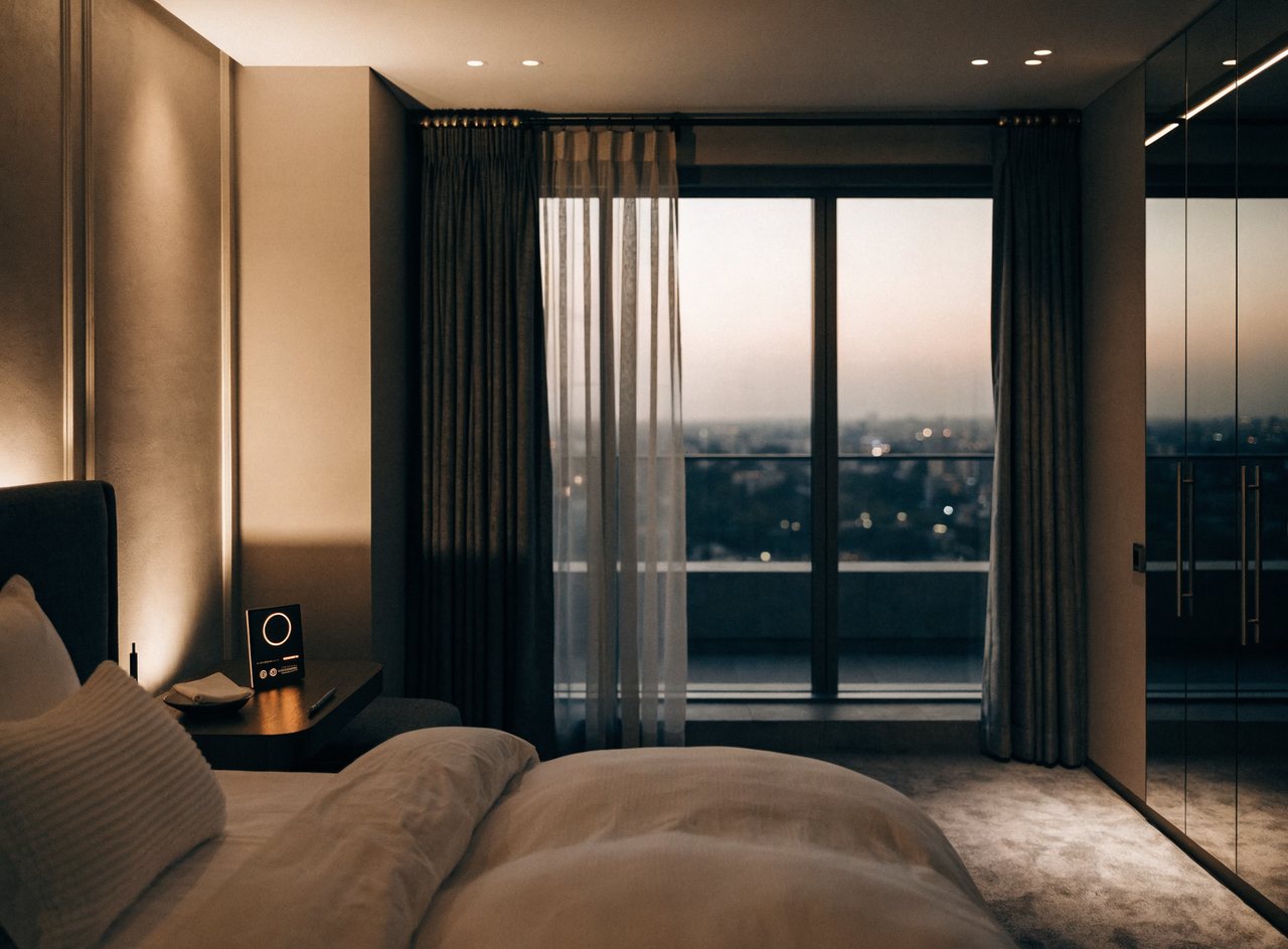 A smart hotel guest room with ambient mood lighting, a bedside control panel and motorized curtains over a city view