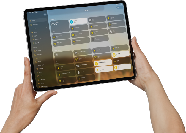 The GEEK home-automation app on a tablet, controlling lights, climate and media across rooms